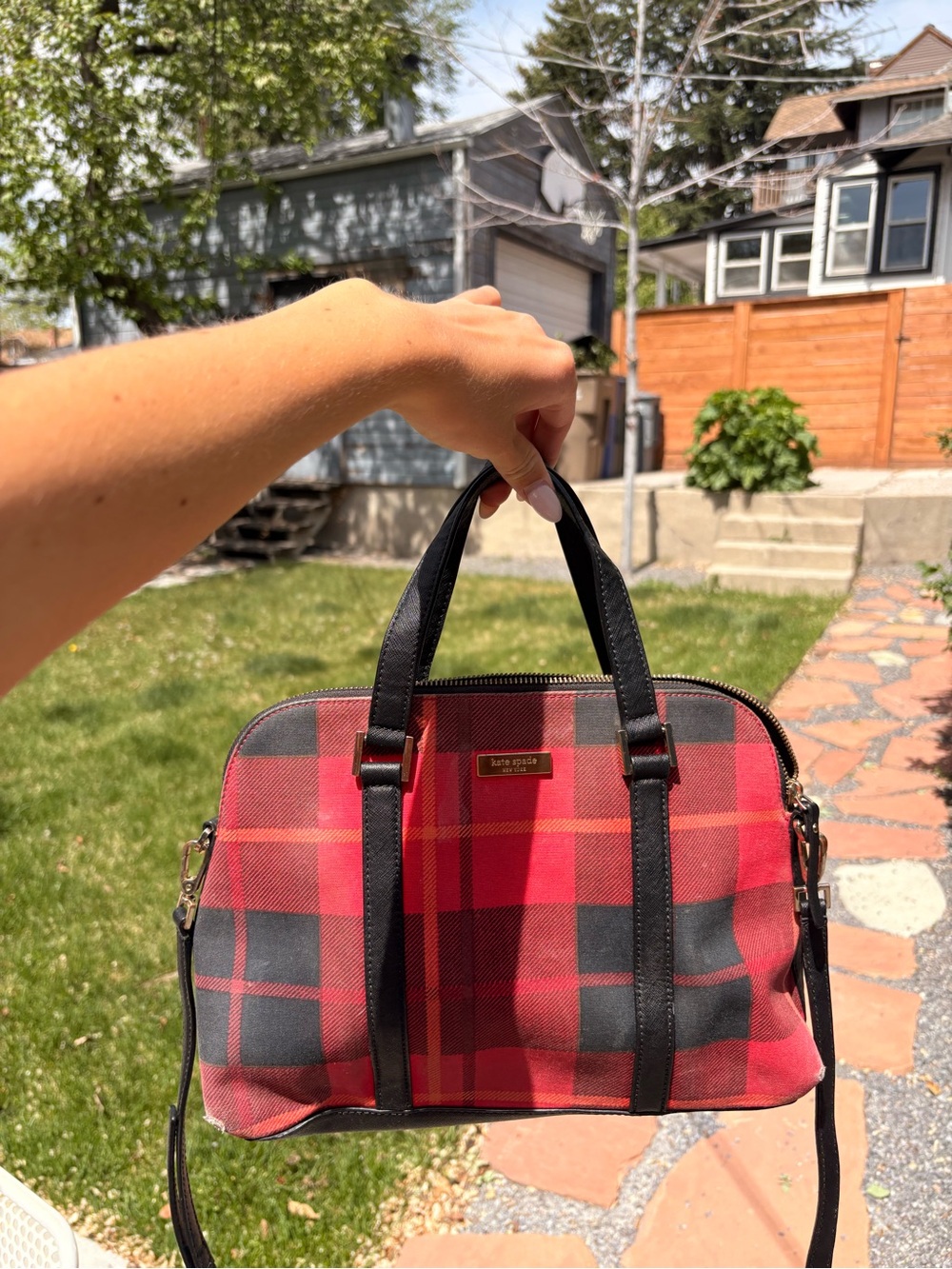 kate spade Red and Black Plaid Tote with Gold Plate